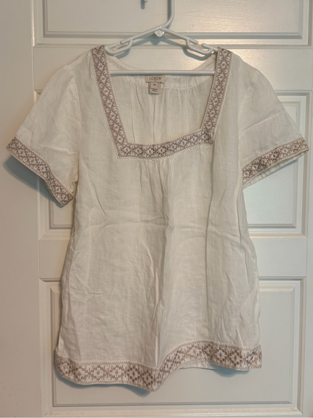 J. Crew Cream Linen Square-Neck Embroidered Tunic